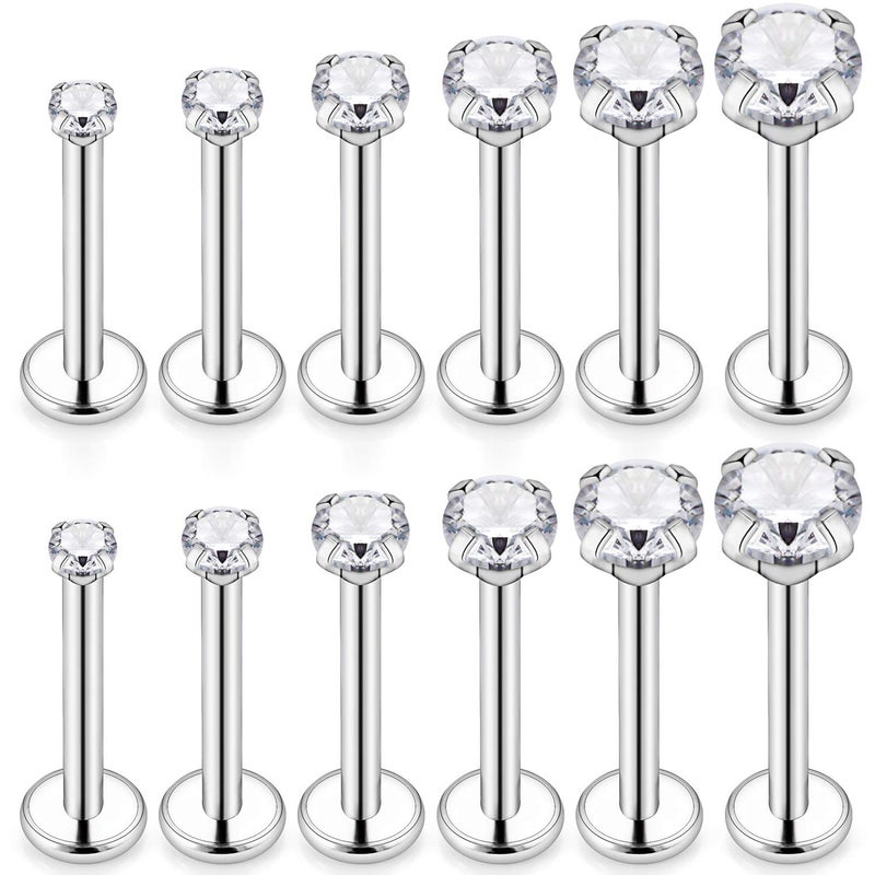 SCERRING 6 Pairs 16g Stainless Steel 2-4.5mm Prong Setting Clear CZ Internally Threaded Labret Monroe Lip Earring Ring Body Piercing Jewelry 10mm - Silver - Image 1